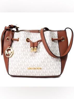 Michael Kors Phoebe Small Logo Faux Leather Bucket Bag Crossbody Brown Tan Beige
